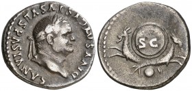 (80 d.C.). Vespasiano. Denario. (Spink 2569) (S. 497) (RIC. 357, Tito). 3,44 g. MBC.
