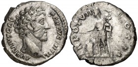 (153 d.C.). Marco Aurelio. Denario. (Spink falta) (S. 661) (RIC. 158, de Antonio pío). 2,79 g. Raya en anverso. MBC+/MBC.