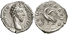 (180 d.C.). Marco Aurelio. Denario. (Spink 5976) (S. 82) (RIC. 271, Cómodo). 2,49 g. Pequeña grieta radial. MBC+.