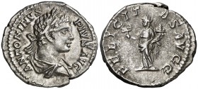 (205 d.C.). Caracalla. Denario. (Spink 6799) (S. 64) (RIC. 127). 3,34 g. EBC-/MBC+.