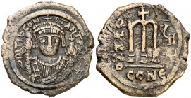(580-581). Tiberio II Constantino. Constantinopla. Follis. (Ratto 935) (S. 430). 12,73 g. Acuñada sobre otra moneda. MBC+.