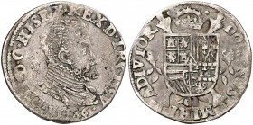 1566. Felipe II. Hasselt. 1/5 de escudo felipe. (Vti. 895) (Vanhoudt 271.HS) (Van Gelder & Hoc 212-17). 6,53 g. Busto grande a derecha. MBC-.