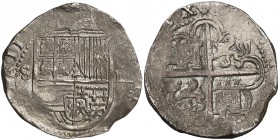 s/d. Felipe II. Sevilla. 4 reales. (Cal. 388). 13,45 g. Flor de lis entre escudo y corona. MBC.