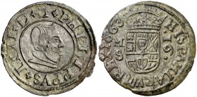 1663. Felipe IV. M (Madrid). S. 16 maravedís. (Cal. 1399). 3,89 g. Tres puntos sobre el busto. Atractiva. MBC+.