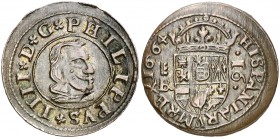 1664. Felipe IV. Segovia. . 16 maravedís. (Cal. 1514). 4,64 g. Tres puntos sobre el busto. Los 6 de la fecha inclinados. MBC+.