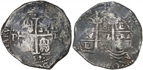 1659. Felipe IV. Potosí. E. 8 reales. (Cal. 447). 28,47 g. Doble fecha, una parcial. Oxidaciones. (MBC-).
