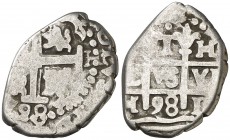 1698. Carlos II. Lima. H. 1 real. (Cal. 690). 2,26 g. Doble fecha. Parte del nombre del rey visible. BC+.