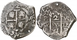 1691. Carlos II. Potosí. . 2 reales. (Cal. 622). 7,41 g. Doble fecha. Perforación. (MBC).