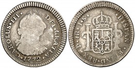 1772. Carlos III. Popayán. JS. 1 real. (Cal. 1575) (Restrepo 40-4). 3,21 g. Rara. RC/BC.