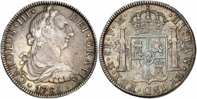 1785. Carlos III. México. FM. 8 reales. (Cal. 937). 26,87 g. Pátina. MBC-/MBC.