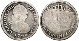 1794/3. Carlos IV. Santa Fe de Nuevo Reino. JJ. 1 real. (Cal. 1186) (Restrepo 78-9). 3 g. Muy rara. RC.