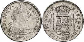 1790. Carlos IV. Lima. IJ. 8 reales. (Cal. 642). 26,57 g. Busto de Carlos III. Ordinal IV. Rayitas. Escasa. (MBC-).