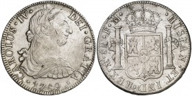 1789. Carlos IV. México. FM. 8 reales. (Cal. 681). 26,69 g. Busto de Carlos III. Ordinal IV. Escasa. MBC-.
