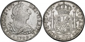 1789. Carlos IV. México. FM. 8 reales. (Cal. 681). 26,86 g. Busto de Carlos III. Ordinal IV. Golpecitos. Limpiada. Escasa. MBC-/MBC.