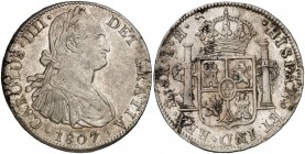 1807. Carlos IV. México. TH. 8 reales. (Cal. 707). 26,92 g. Leves manchitas. Parte de brillo original. MBC+.