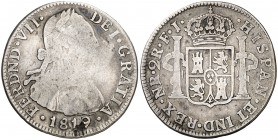 1819. Fernando VII. Santa Fe de Nuevo Reino. FJ. 2 reales. (Cal. 1012) (Restrepo 113-9). 6,41 g. Escasa. BC-/BC.