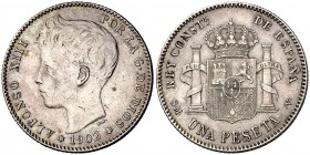 1902*1902. Alfonso XIII. SMV. 1 peseta. (Cal. 48). 4,98 g. Leves rayitas. Escasa. MBC+.