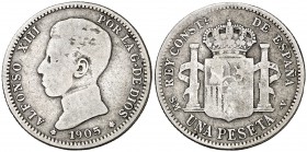 1905*19-5. Alfonso XIII. SMV. 1 peseta. (Cal. 51). 4,78 g. Escasa. BC/BC-.