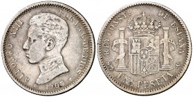 1905*1905. Alfonso XIII. SMV. 1 peseta. (Cal. 51). 4,81 g. Escasa. MBC-/BC+.