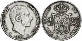 1884. Alfonso XII. Manila. 20 centavos. (Cal. 91). 5,05 g. Golpecitos. Escasa. BC+/MBC-.