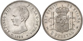 1892*1892. Alfonso XIII. PGM. 2 pesetas. (Cal. 32). 9,91 g. Escasa. MBC+/MBC.