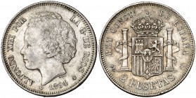 1894*1894. Alfonso XIII. PGV. 2 pesetas. (Cal. 33). 9,95 g. Leves golpecitos. Preciosa pátina. MBC+.