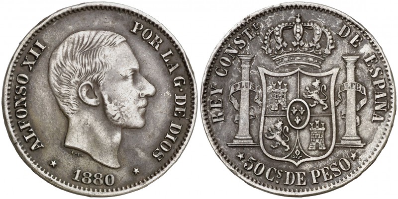 1880. Alfonso XII. Manila. 50 centavos. (Cal. 78). 12,82 g. Leves golpecitos. Pá...