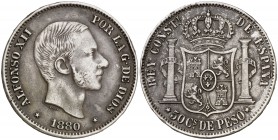 1880. Alfonso XII. Manila. 50 centavos. (Cal. 78). 12,82 g. Leves golpecitos. Pátina oscura. Escasa. (MBC+).