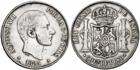 1884. Alfonso XII. Manila. 50 centavos. (Cal. 84). 12,64 g. Limpiada. Escasa. MBC-.