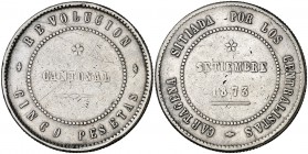 1873. Revolución Cantonal. Cartagena. 5 pesetas. (Cal. 5). 29,24 g. Reverso coincidente. 80 perlas en la gráfila del anverso y 85 en la del reverso. L...