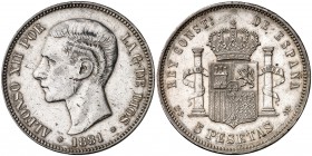 1881*1881. Alfonso XII. MSM. 5 pesetas. (Cal. 32). 25,09 g. Limpiada. Rara. (MBC+/EBC-).