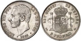 1883*1883. Alfons XII. MSM/DEM. 5 pesetas. (Cal. 38). 24,38 g. Golpecitos. Rara rectificación. MBC.