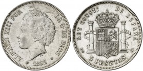 1892*1892. Alfonso XIII. PGM. 5 pesetas. (Cal. 19). 25,10 g. Tipo "bucles". Limpiada. (EBC-).