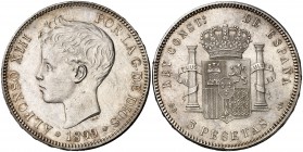 1899*1899. Alfonso XIII. SGV. 5 pesetas. (Cal. 28). 25,03 g. Golpecitos. Buen ejemplar. EBC-.