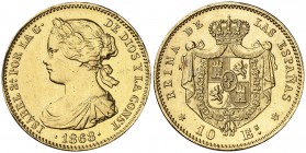 1868*1873. I República. 10 escudos. (Cal. 1). 8,34 g. A nombre de Isabel II. Sirvió como joya. (MBC).