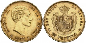 1877*1877. Alfonso XII. DEM. 25 pesetas. (Cal. 3). 8,06 g. Leves golpecitos. EBC.
