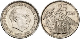 1957. Estado Español. BA (Barcelona). 25 pesetas. (Cal. 139, como serie completa). 8,52 g. I Exposición Iberoamericana de Numismática. EBC-.