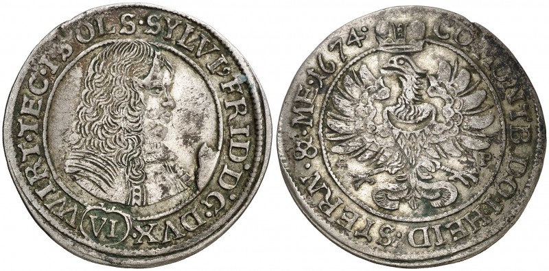 1674. Alemania. Württemberg-Ols. Silvio Federico. SP (Öls). 6 kreuzer. (Kr. 9). ...