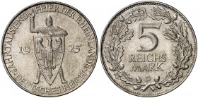 1925. Alemania. República de Weimar. D (Múnich). 5 marcos. (Kr. 47). 25 g. AG. Milenario de Renania. Golpecitos. (EBC).