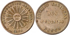 1854. Argentina. 2 centavos. (Kr. 24). 9,41 g. CU. MBC.