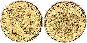 1878. Bélgica. Leopoldo II. 20 francos. (Fr. 412) (Kr. 37). 6,45 g. AU. MBC+.