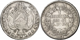 1864. Bolivia. Potosí. FP. 1 boliviano. (Kr. 162.1). 24,93 g. AG. Golpecitos. MBC.