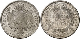 1865. Bolivia. Potosí. FP. 1 boliviano. (Kr. 152.1). 24,47 g. AG. Dos rayitas en aspa. Parte de brillo original. MBC+.