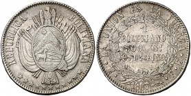 1867. Bolivia. Potosí. FE. 1 boliviano. (Kr. 152). 25,06 g. AG. MBC+.