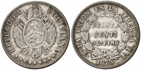 1879. Bolivia. Potosí. FE. 20 centavos. (Kr. 159.1). 4,52 g. AG. MBC+.