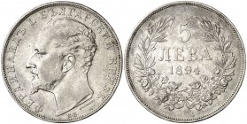 1894. Bulgaria. Fernando I. 5 leva. (Kr. 18) 24,94 g. AG. MBC+.