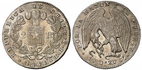 1845. Chile. (Santiago). IJ. 2 reales. (Kr. 100.2). 5,87 g. AG. EBC.