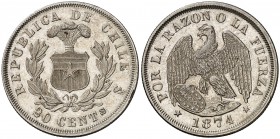 1874. Chile. (Santiago). 20 centavos. (Kr. 138.1). 4,99 g. AG. EBC-.