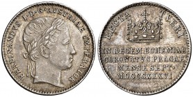 1836. Austria. Coronación de Fernando I, emperador de Austria, rey de Hungría y de Bohemia. 3,27 g. 18 mm. Plata. Escasa. MBC+/EBC-.