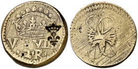 Felipe IV. Ponderal de 2 reales. (Dieudonné anv. pl. X, nº 9) (Mateu y Llopis anv. 45 sim). 6,81 g. En anverso contramarca flor de lis bajo corona. Si...